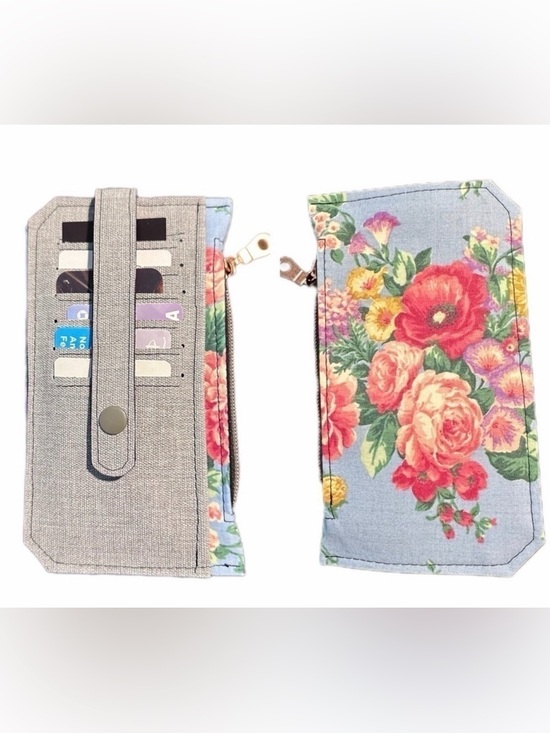Hand Crafted Handbags - wallet flowers grey card slot zipper pockets handmade purse pal